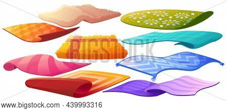 Set Of Carpets Or Rugs Of Different Shapes, Designs And Colors. Isolated Nappy Floor Covering, Inter