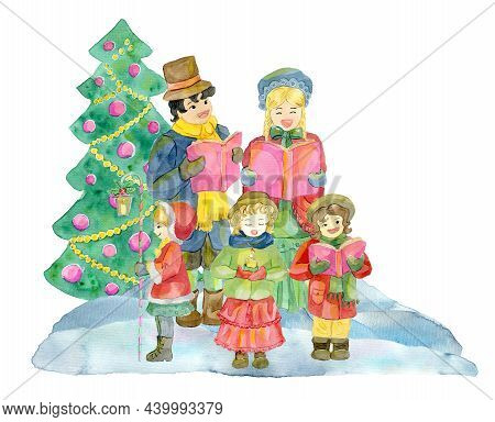 Watercolor Illustration With Family Choir Singing Carols By Decorated Conifer Tree Isolated On White