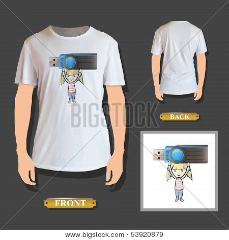 Girl Holding A Realistic Pendrive Printed On T-shirt. Vector Design.