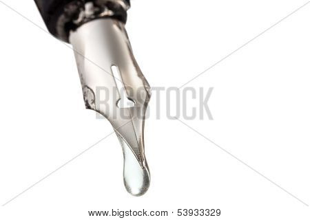 Liquid Drop Dripping From Nib Of Pen Close Up
