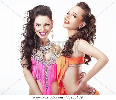 Holidays. Couple Of Happy Entertainers In Stagy Costumes Laughing