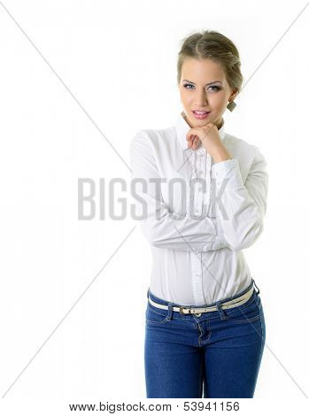 Attrctive fashion girl in blue jeans and white shirt with beautiful makeup, over white