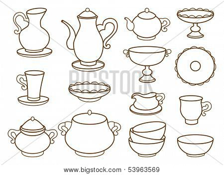 collection of porcelain tableware for tea (coloring book)