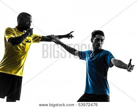 two men soccer player and referee in silhouette  on white background