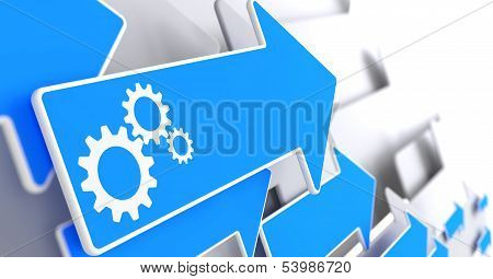 Cogwheel Gear Icon on Blue Arrow.