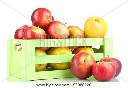 Juicy apples in wooden box isolated on white
