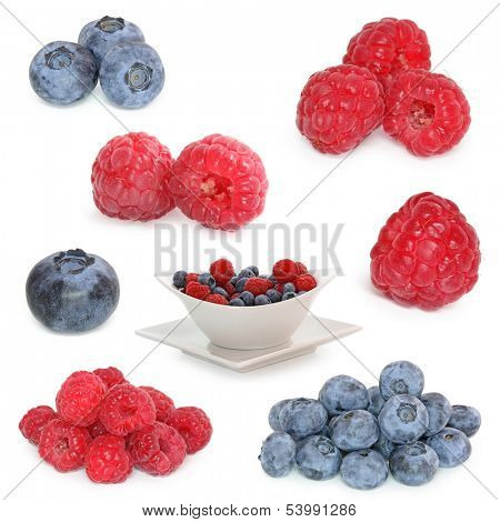raspberries and blueberries mix isolated on white background