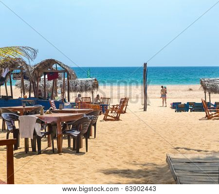 HIKKADUWA, SRI LANKA - FEBRUARY 20, 2014: Lounge bar at Hikkaduwa Beach, well known tourist international destination for board surfing.