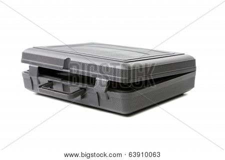 Opened gray plastic case.