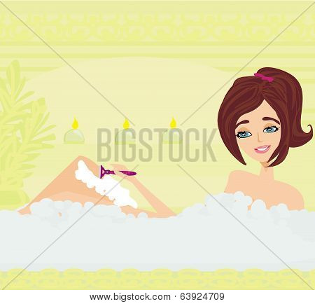 Young Woman Shaving Legs In Bath.
