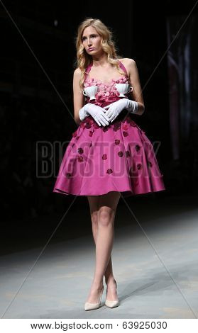 ZAGREB, CROATIA - APRIL 12 : Fashion model wears clothes made by Twins on 