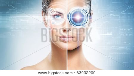 Two different pictures of women with the laser hologram on their eyes (collage about eye scanning technology and virtual reality)