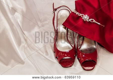 Bride's Shoes, Wedding Gown And Tiera