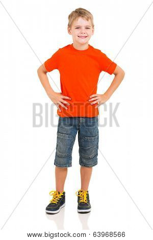 full length portrait of cute boy isolated on white background