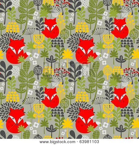 Seamless background with cute little fox.