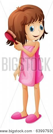 Illustration of a young girl combing her hair on a white background