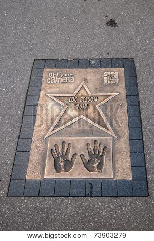 Krakow, Poland - September 26, 2014 walk of fame with Luc Besson handprint plate