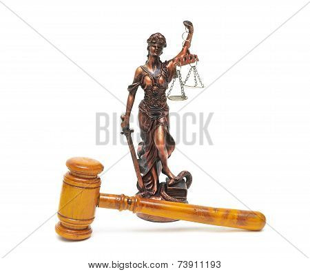 Judges Gavel And The Statue Of Justice On A White Background