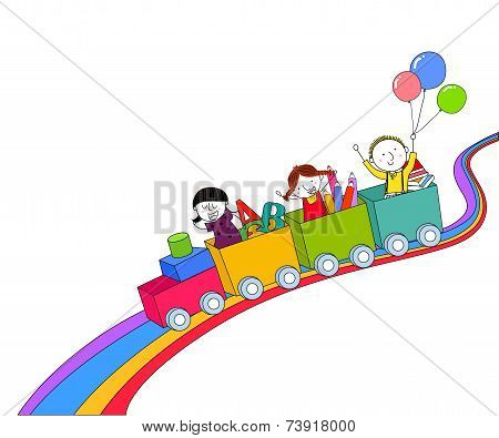 Cartoon Kids on a Rainbow Train