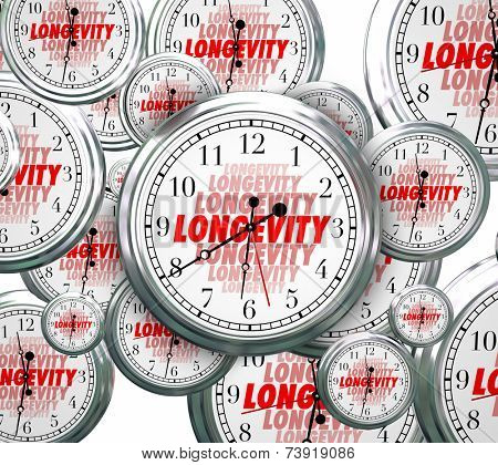 Longevity word on clock faces as time goes by to illustrate lasting and continuous experience, reliability and credibility