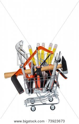 hand tool in a shopping cart, photo icon for crafts, tools and materials procurement