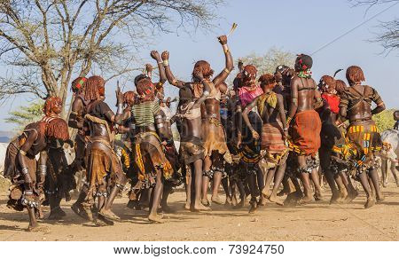 Group Of Hamar Women Dance At Bull Jumping Ceremony.