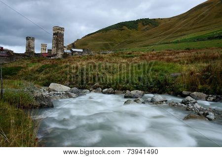 Long Exposure Landscape Of Medieval Georgian Mountain Village Ushguli In Overcast Day,svanetia,unesc