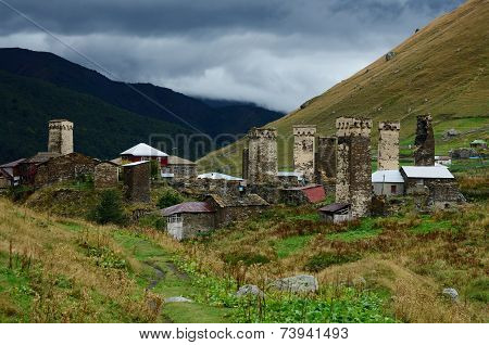 Fortified Medieval Towers Of Ushguli - Caucasus Mountain Village In Svanetia In Overcast Day,Georgia