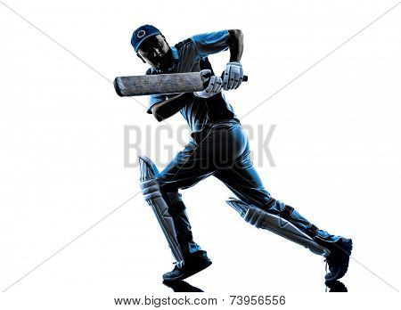 Cricket player batsman in silhouette shadow on white background