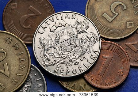 Coins of Latvia. Latvian national large coats of arms depicted in old Latvian lats coins. 
