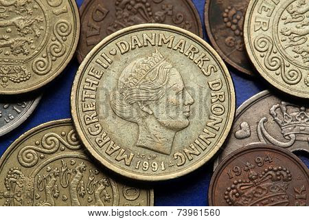 Coins of Denmark. Queen Margrethe II of Denmark depicted in Danish krone coins.