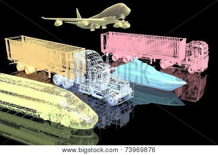 Types of transport. 3d model on black background