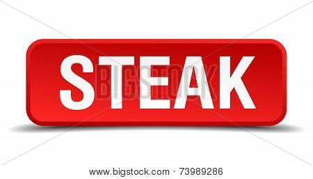Steak Red 3D Square Button Isolated On White