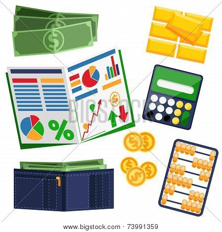 Dollar bills, calculator, leather wallet and gold