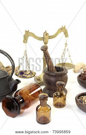 Chinese Medicine With Mortar And Teapot