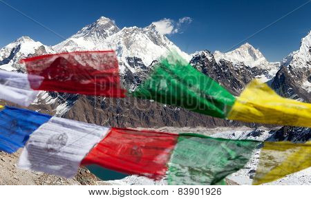 View Of Mount Everest With Buddhist Prayer Flags