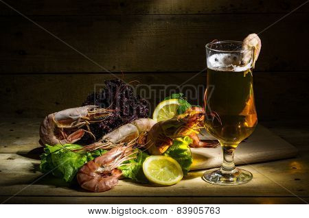 Beer With Shrimp And Fresh Herbs