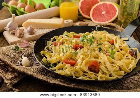 Semolina Pasta With Roasted Garlic, Sprinkled Microherbs