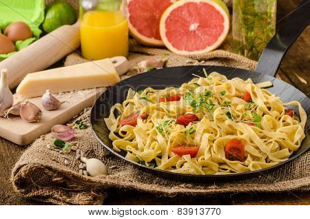Semolina Pasta With Roasted Garlic, Sprinkled Microherbs