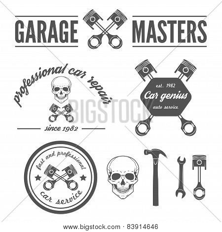 Set of logo, badge, emblem and logotype element for mechanic, garage, car repair and auto service