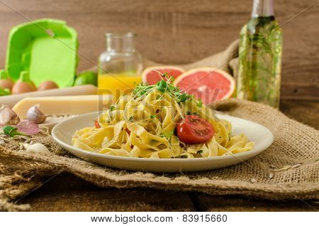Semolina Pasta With Roasted Garlic, Sprinkled Microherbs
