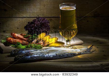 Beer With Shrimp And Fresh Herbs