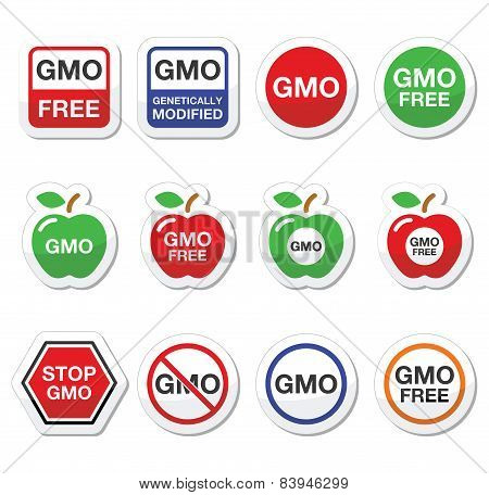 GMO food, no GMO or GMO free icons set