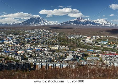 View Of City Petropavlovsk-kamchatsky And Volcanoes. Kamchatka (russia)