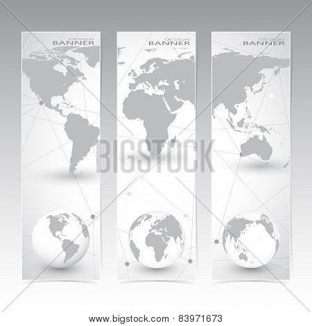 Collection vertical banner design. World Map and globes. Molecule and Communication background. Vect