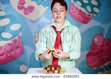 Funny Boy Eating Sweet Cakes, Hungry And Candy Man