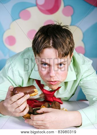 Funny Boy Eating Sweet Cakes, Hungry And Candy Man