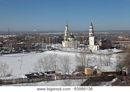 Demidov's leaning tower and the Transfiguration Cathedral. Nevyansk. Sverdlovsk region. Russia.