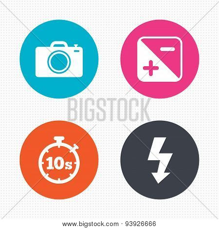 Photo camera icon. Flash light and exposure.