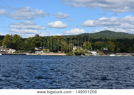 LAKE GEORGE, NY - SEP 24: View of Lake George from the Village, in New York State, as seen on Sep 24, 2016. The lake lies within the upper region of the Great Appalachian Valley and drains all the way northward into Lake Champlain and the St. Lawrence Riv